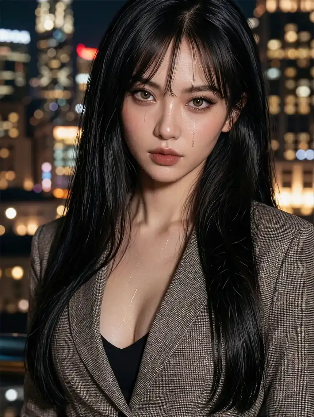 Fictional AI character in a blazer against night city lights, the plate behind the home headline